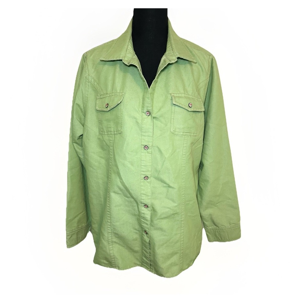 Bit & Bridle Women Green Cotton Blend Jacket Floral Snap Buttons Pockets XL